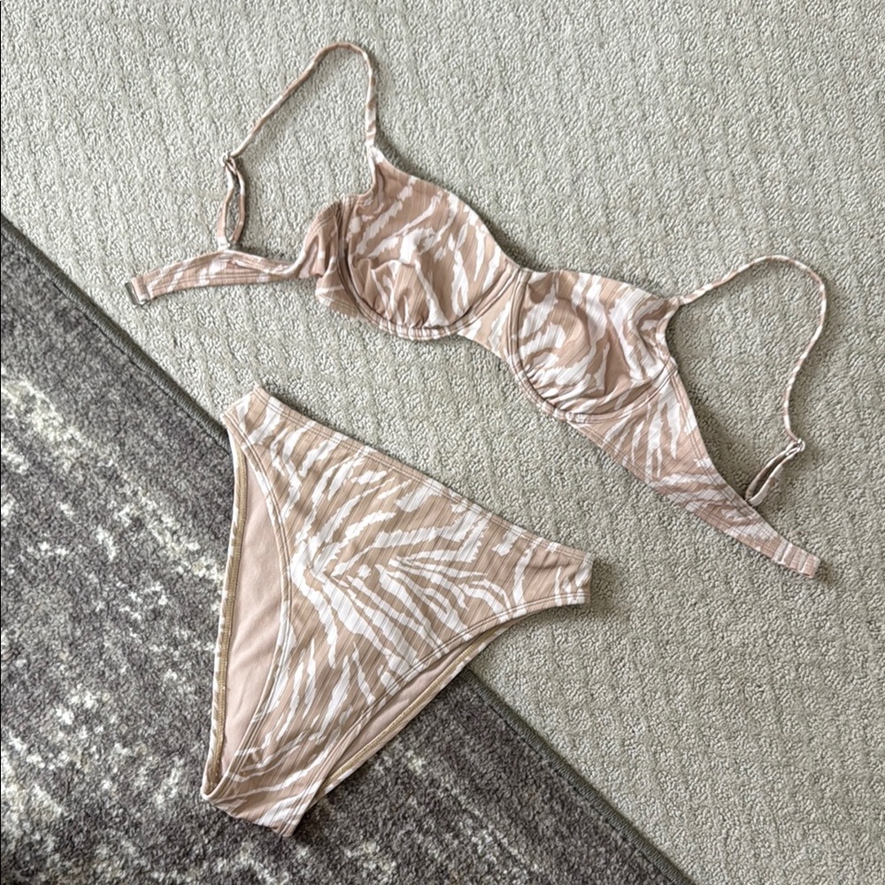 wild fable Beige and White Zebra Print Bikini Set